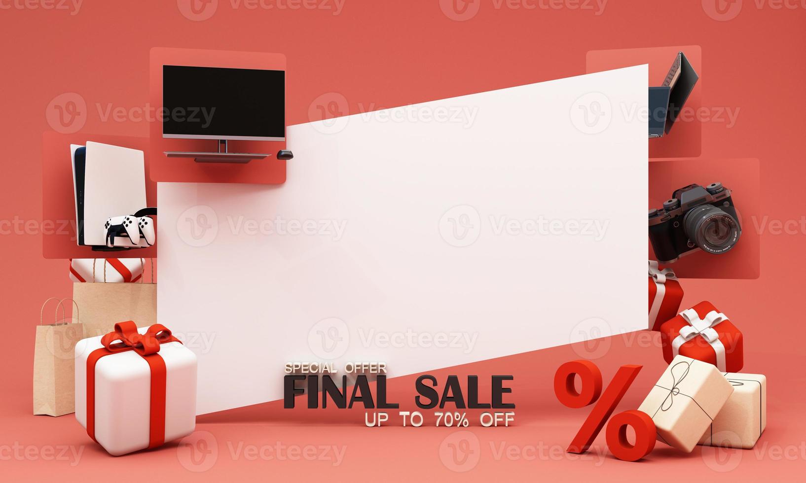 Gadgets and accessories play console with pc and laptop promotion discount with gift box and product stand for online marketing in cartoon style. 3d rendering on pastel background. photo