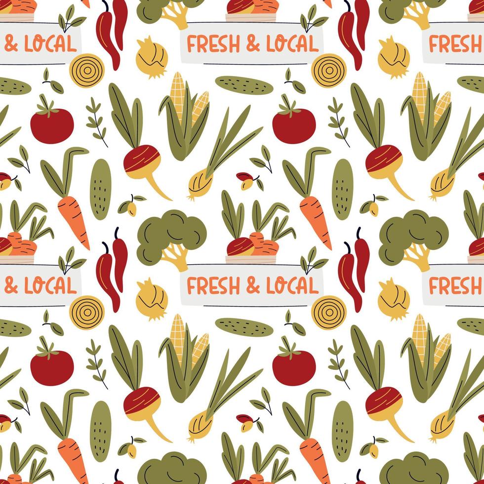 Vegetables seamless pattern. Healthy food background. Farm fresh, fresh and local, organic food, eco vegetables. Vegetarian, farm grocery store vector illustration. Healthy food isolated on white