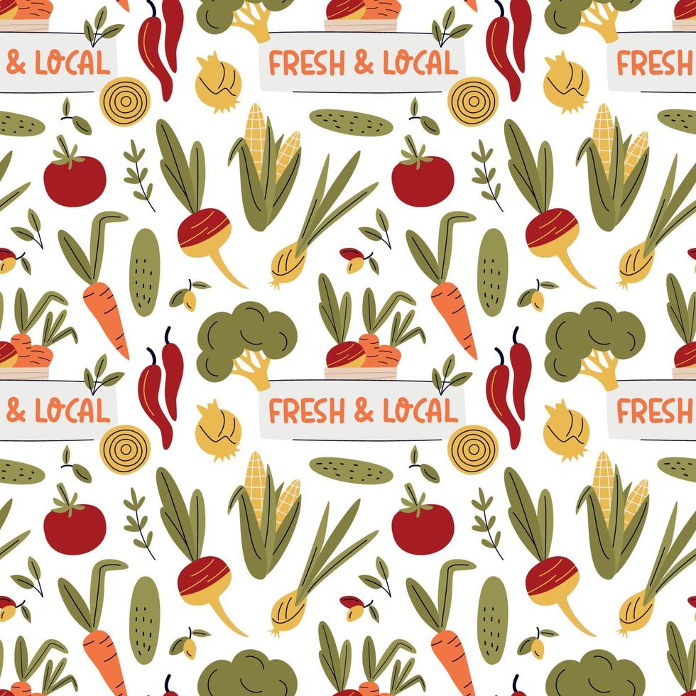 patrón sin costuras de verduras. fondo de alimentos saludables. granja fresca, fresca y local, alimentos orgánicos, vegetales ecológicos. vegetariano, ilustración de vector de tienda de comestibles de granja. comida sana aislada en blanco