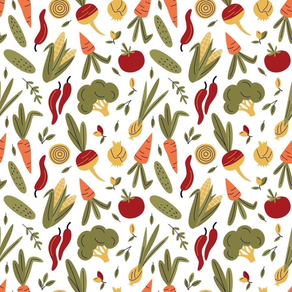 Vegetables seamless pattern. Healthy food background. Farm fresh, eat green, organic food, eco vegetables. Vegetarian, farm grocery store vector illustration. Healthy food isolated on white