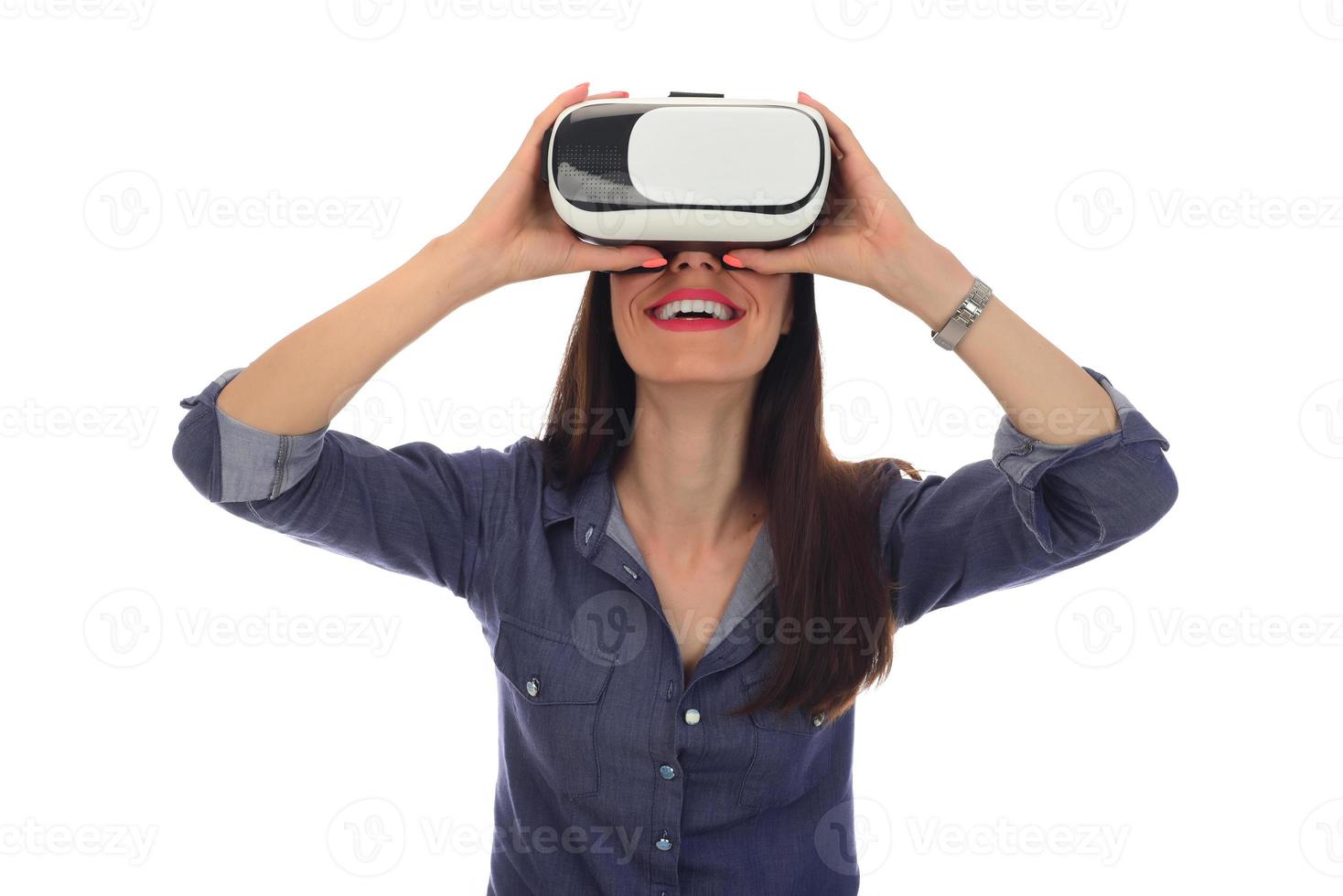 Beautiful Woman wearing VR Virtual Reality Headset with Interface photo