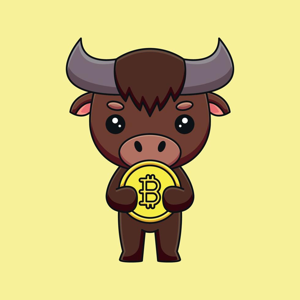 lindo búfalo sosteniendo bitcoin caricatura mascota garabato arte dibujado a mano esquema concepto vector kawaii icono ilustración
