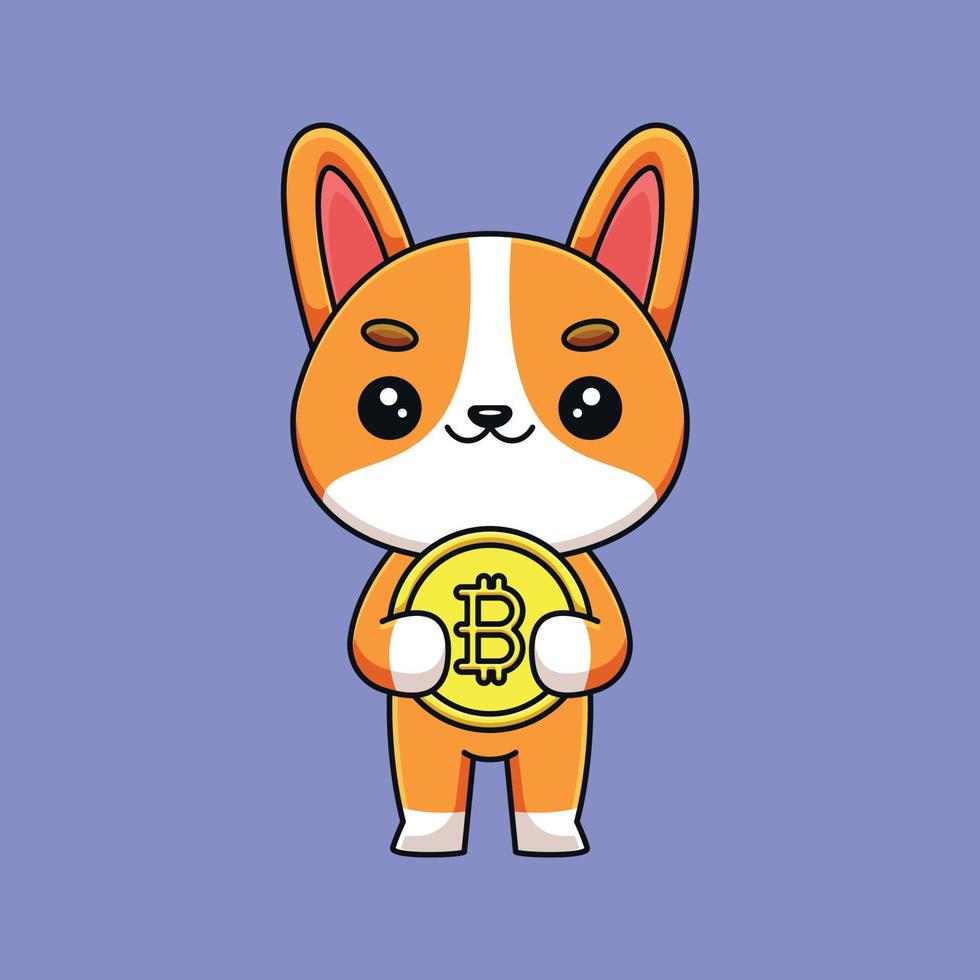 cute corgi holding bitcoin cartoon mascot doodle art hand drawn outline concept vector kawaii icon illustration