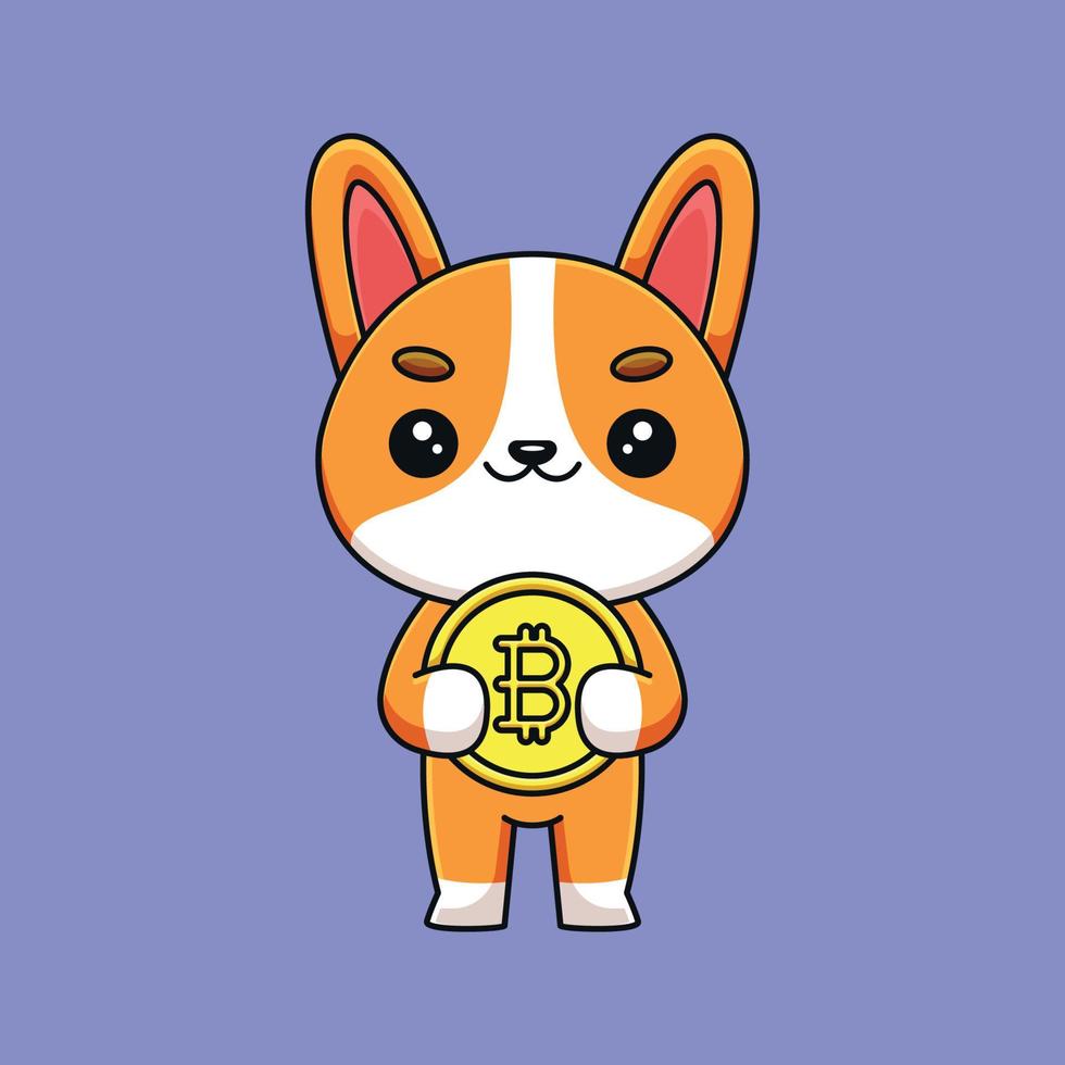 lindo corgi sosteniendo bitcoin caricatura mascota garabato arte dibujado a mano esquema concepto vector kawaii icono ilustración