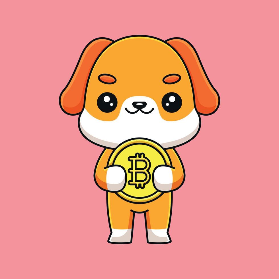cute dog holding bitcoin cartoon mascot doodle art hand drawn outline concept vector kawaii icon illustration