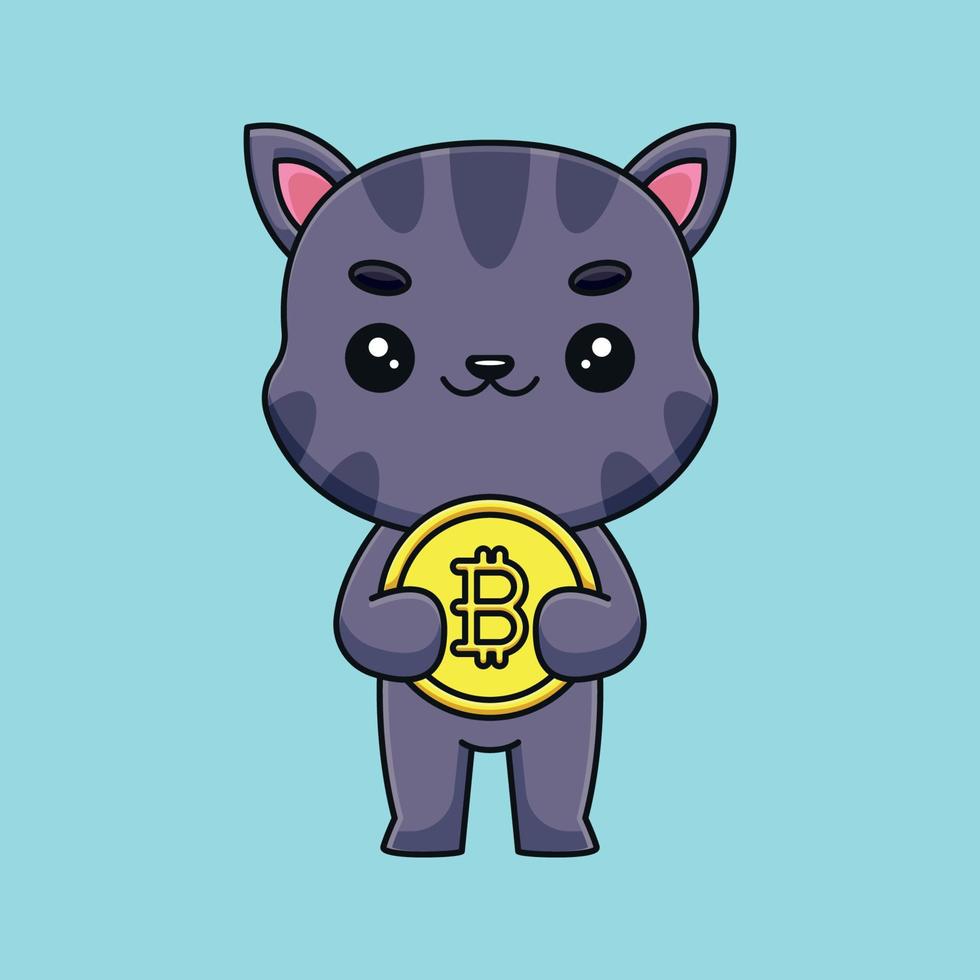 lindo gato sosteniendo bitcoin caricatura mascota garabato arte dibujado a mano esquema concepto vector kawaii icono ilustración