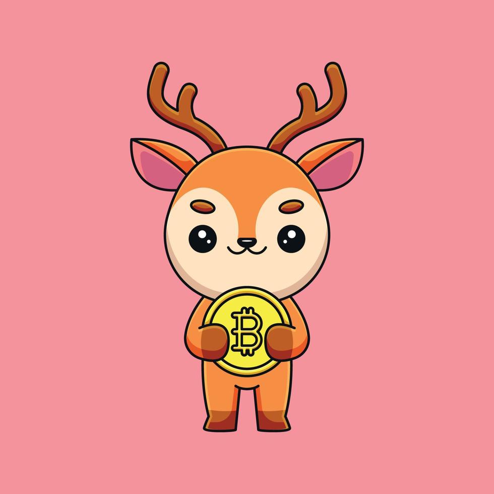 lindo ciervo sosteniendo bitcoin caricatura mascota garabato arte dibujado a mano esquema concepto vector kawaii icono ilustración