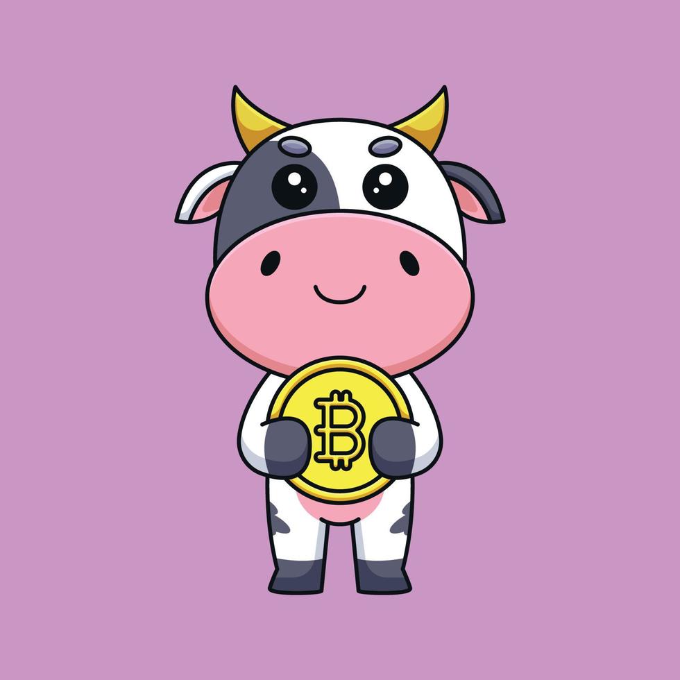 linda vaca sosteniendo bitcoin caricatura mascota garabato arte dibujado a mano esquema concepto vector kawaii icono ilustración