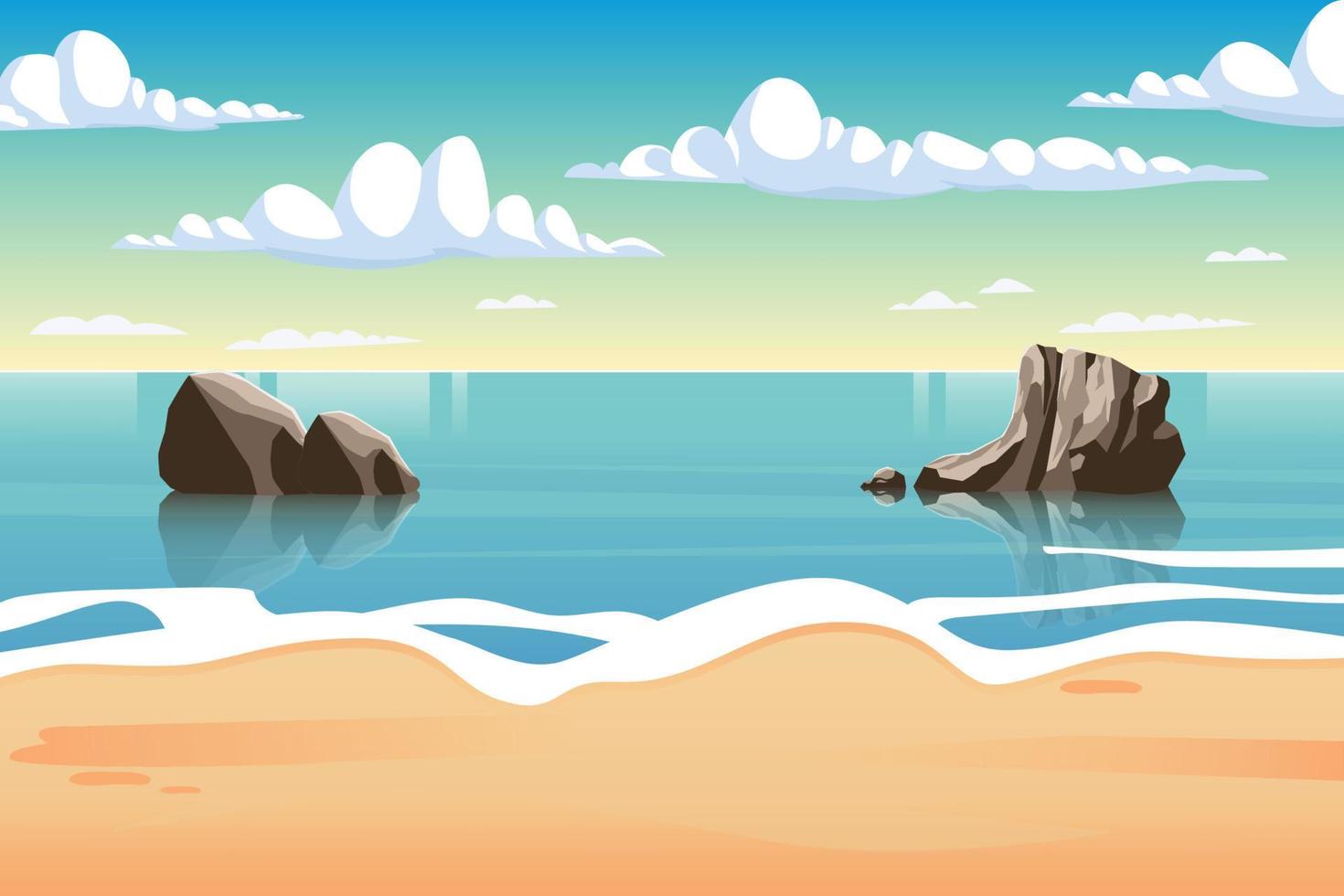 playa costa mar océano paisaje a la luz del día con sol y nubes fondo vector ilustración