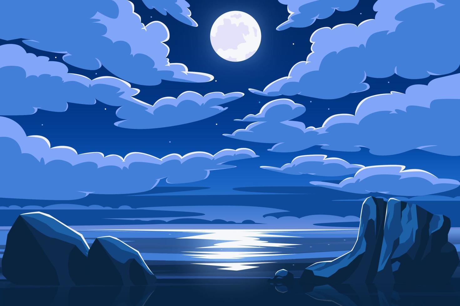 paisaje marino oceánico por la noche con luna llena y fondo de nubes ilustración vectorial vector