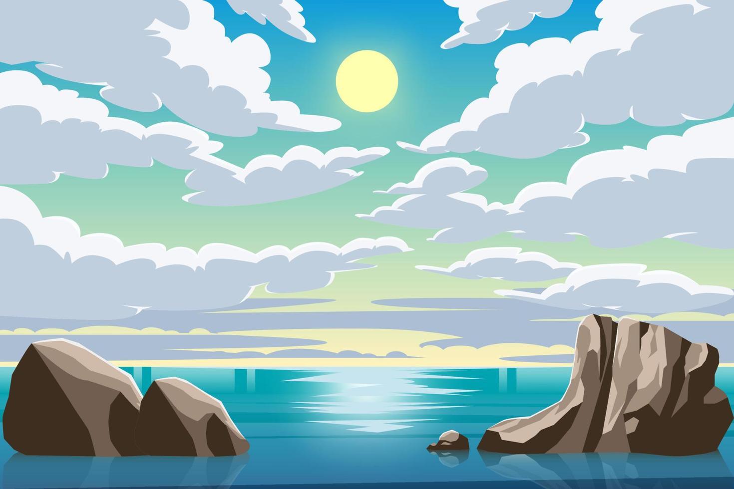 paisaje del océano marino a la luz del día con ilustración de vector de fondo de sol y nubes