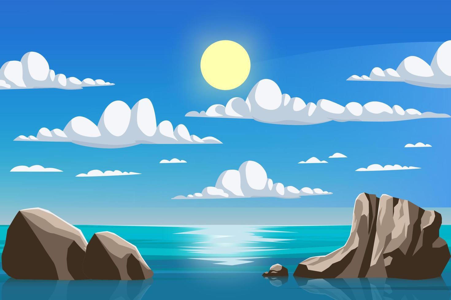 paisaje del océano marino a la luz del día con ilustración de vector de fondo de sol y nubes