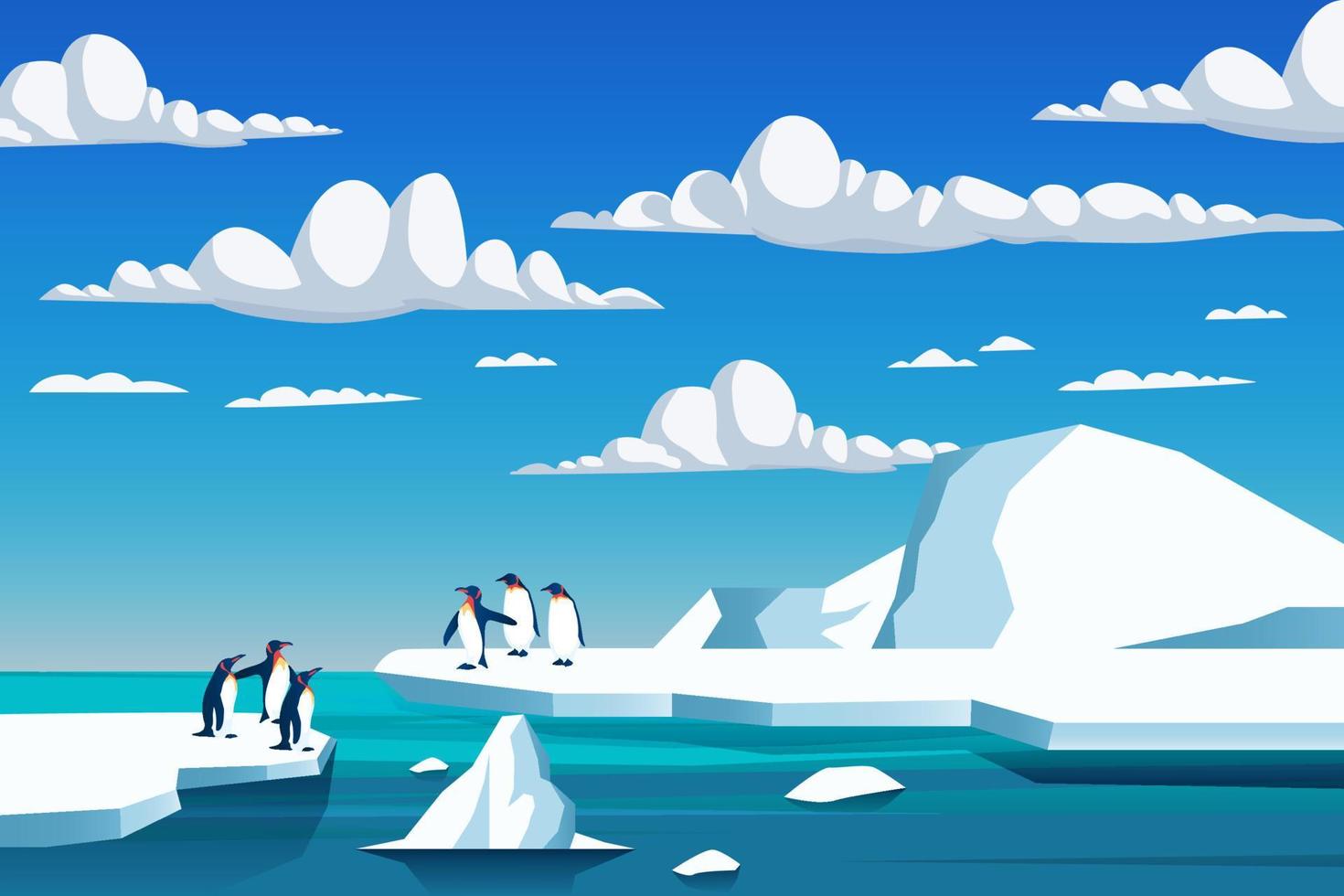 el cambio climático es real. pingüino en el derretimiento del hielo de la montaña y el aumento del nivel del mar a la luz del día ilustración vectorial vector