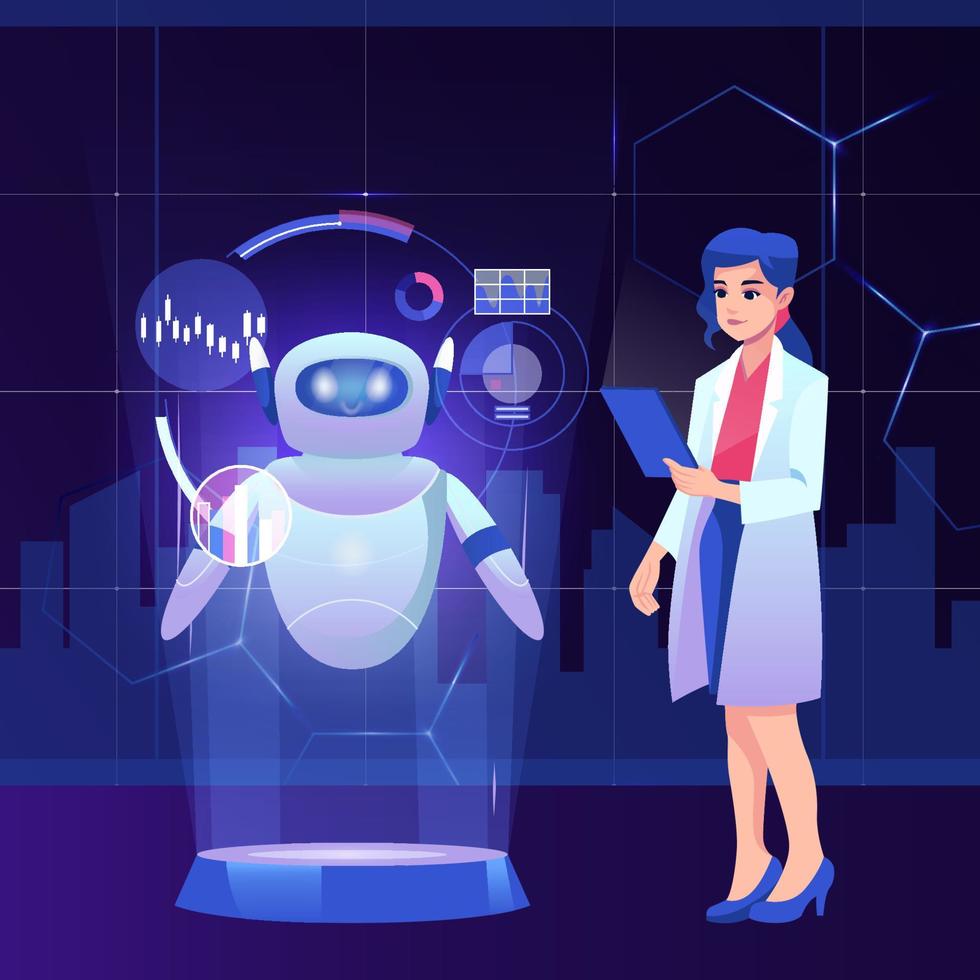Woman scientist with cute robot vector concept illustration