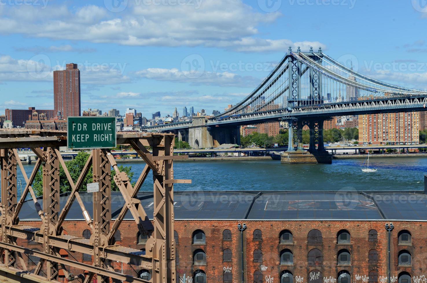 View of the New York City Skyline from the Brooklyn Bridge. photo
