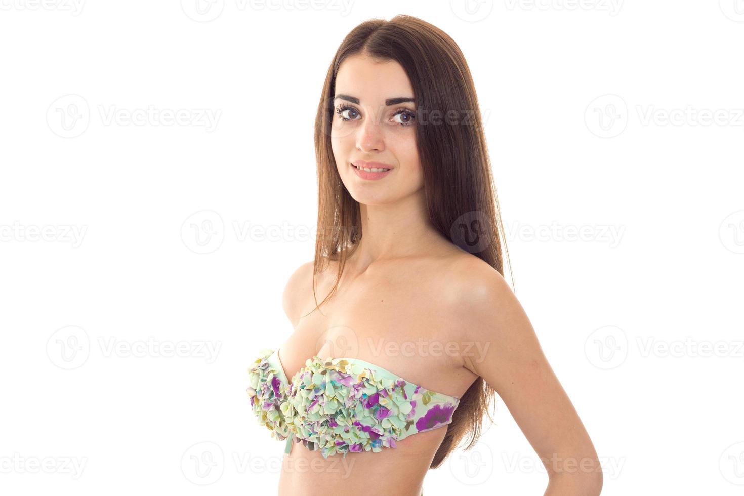 beautiful young girl in a bathing suit with big breasts looks into the  camera and smiling isolated on white background 15990079 Stock Photo at  Vecteezy