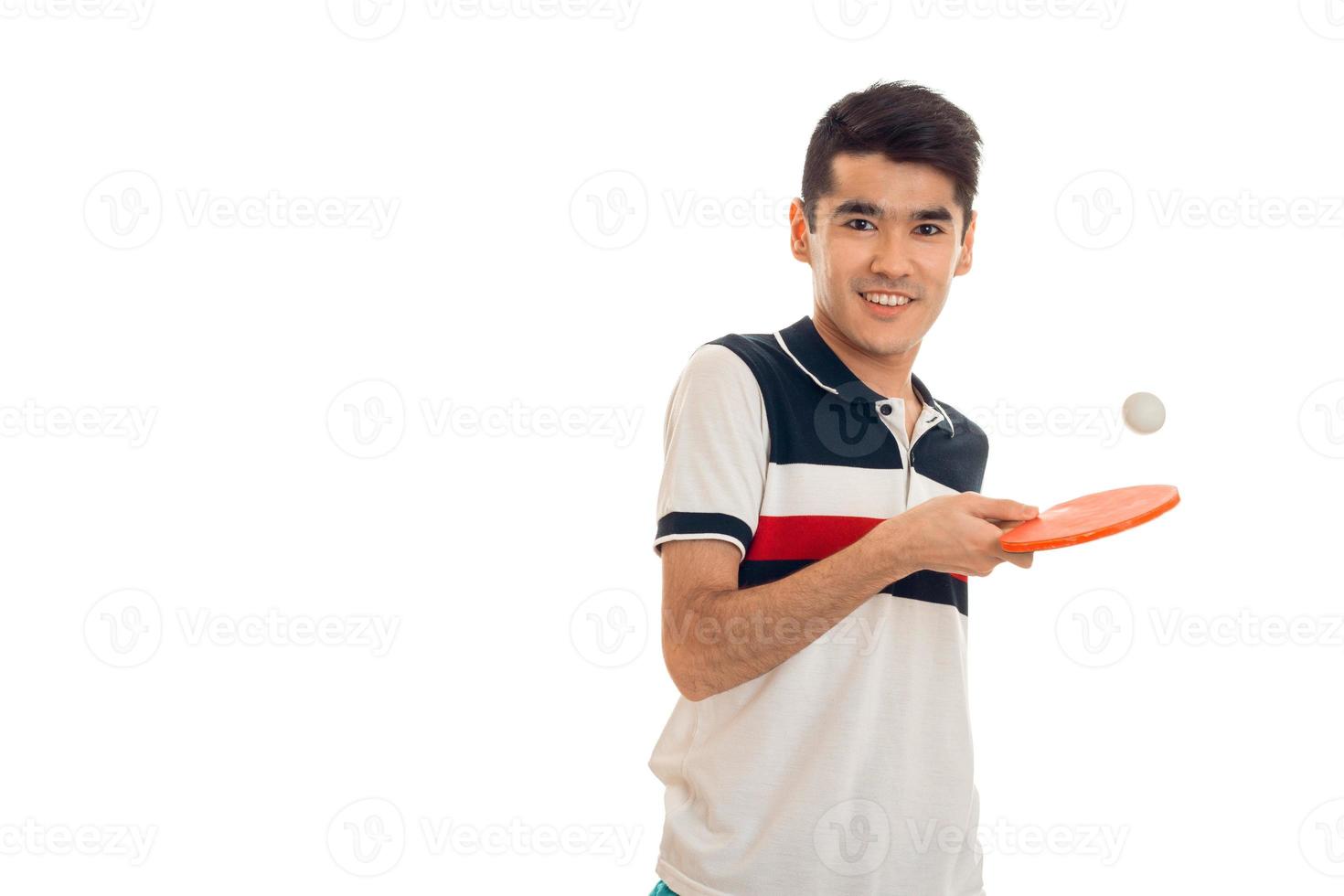 cutie young sports man playing ping-pong smiling on camera isolated on white background photo
