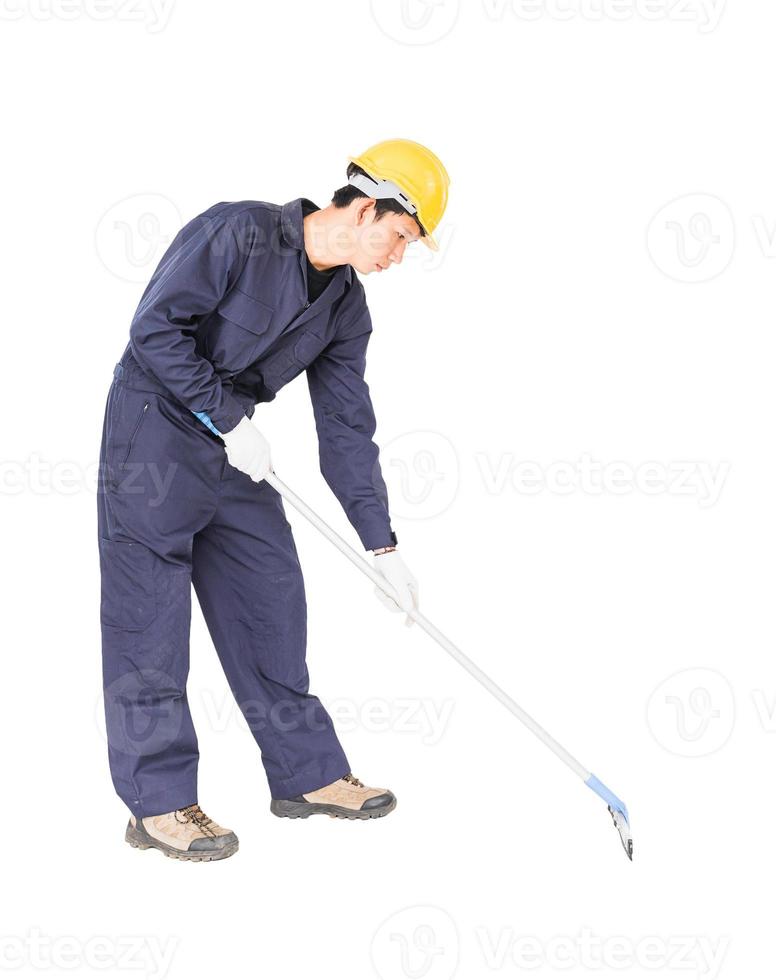 Young man hold squeegee window cleaner isolated on white photo