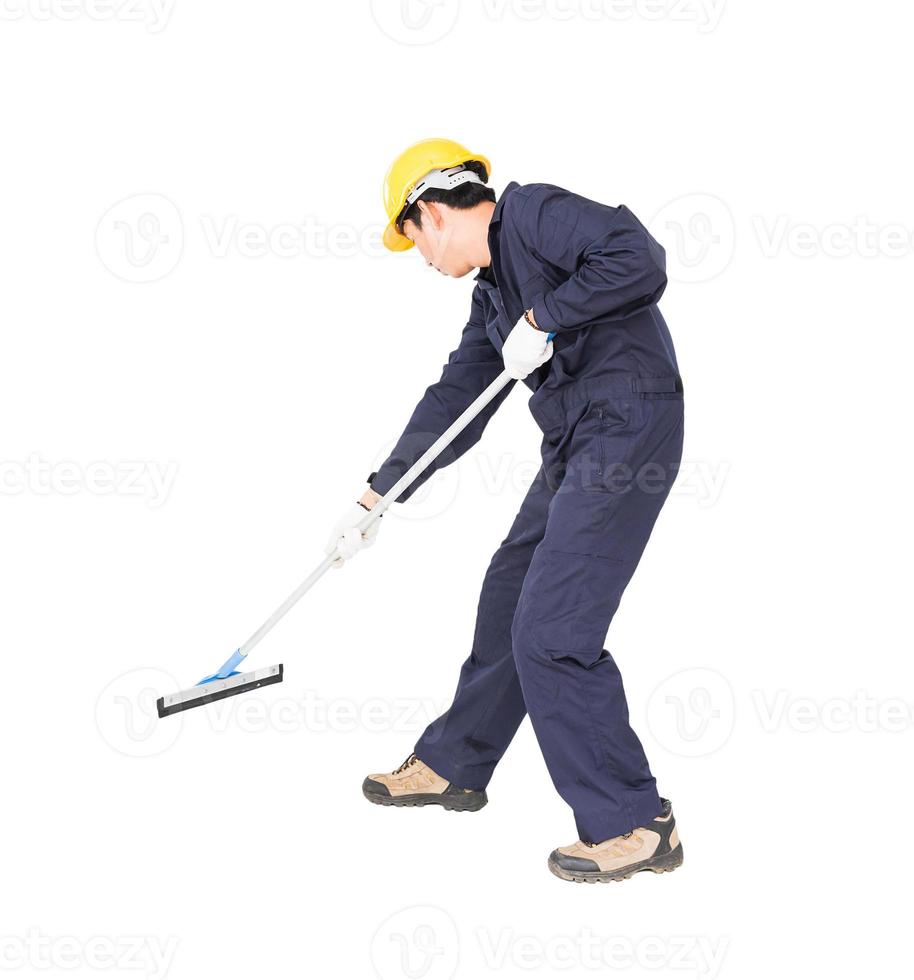 Man hold squeegee window cleaner isolated on white photo