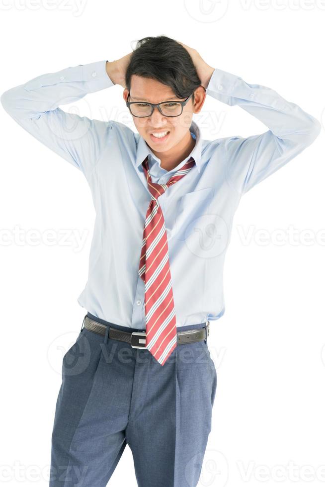 Young man touching his temples and having headache photo