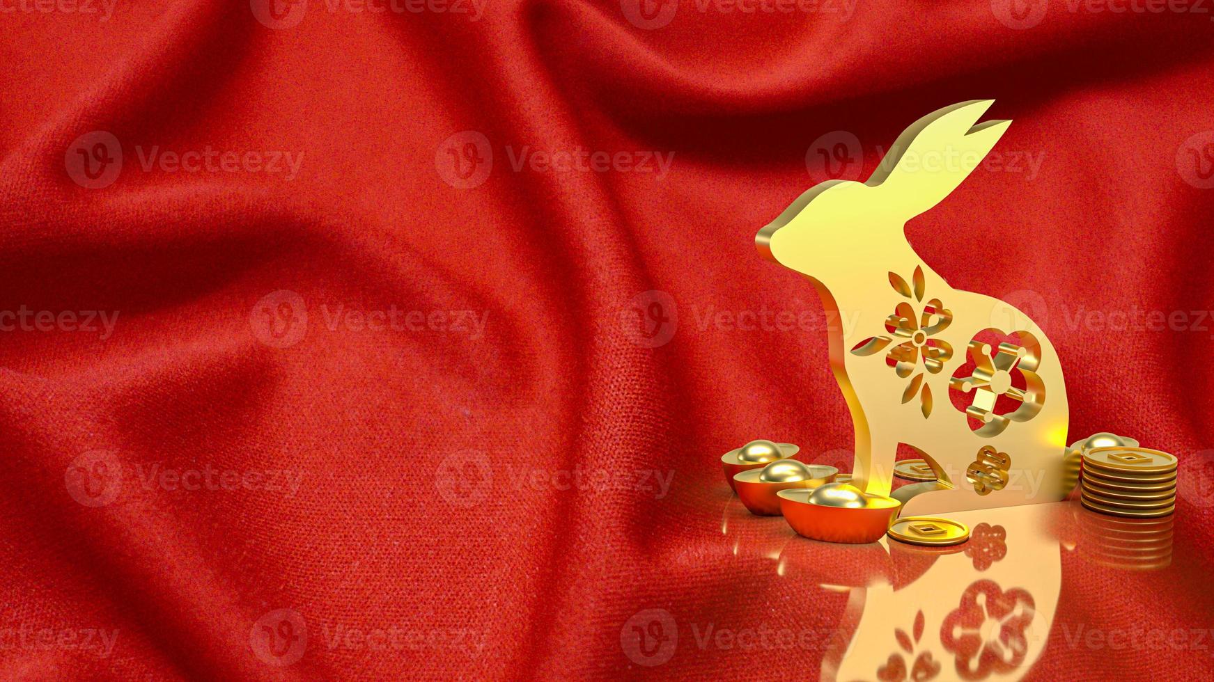 The gold rabbit and vintage Chinese money on red background  3d rendering photo