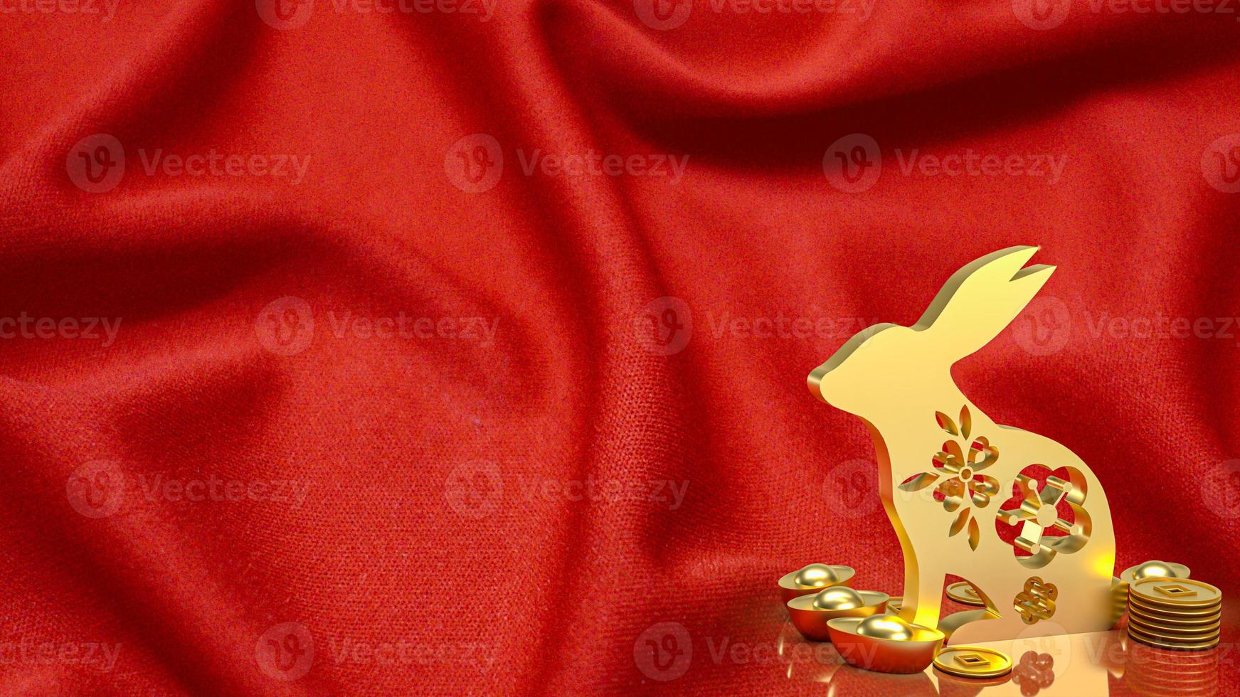 The gold rabbit and vintage Chinese money on red background  3d rendering photo