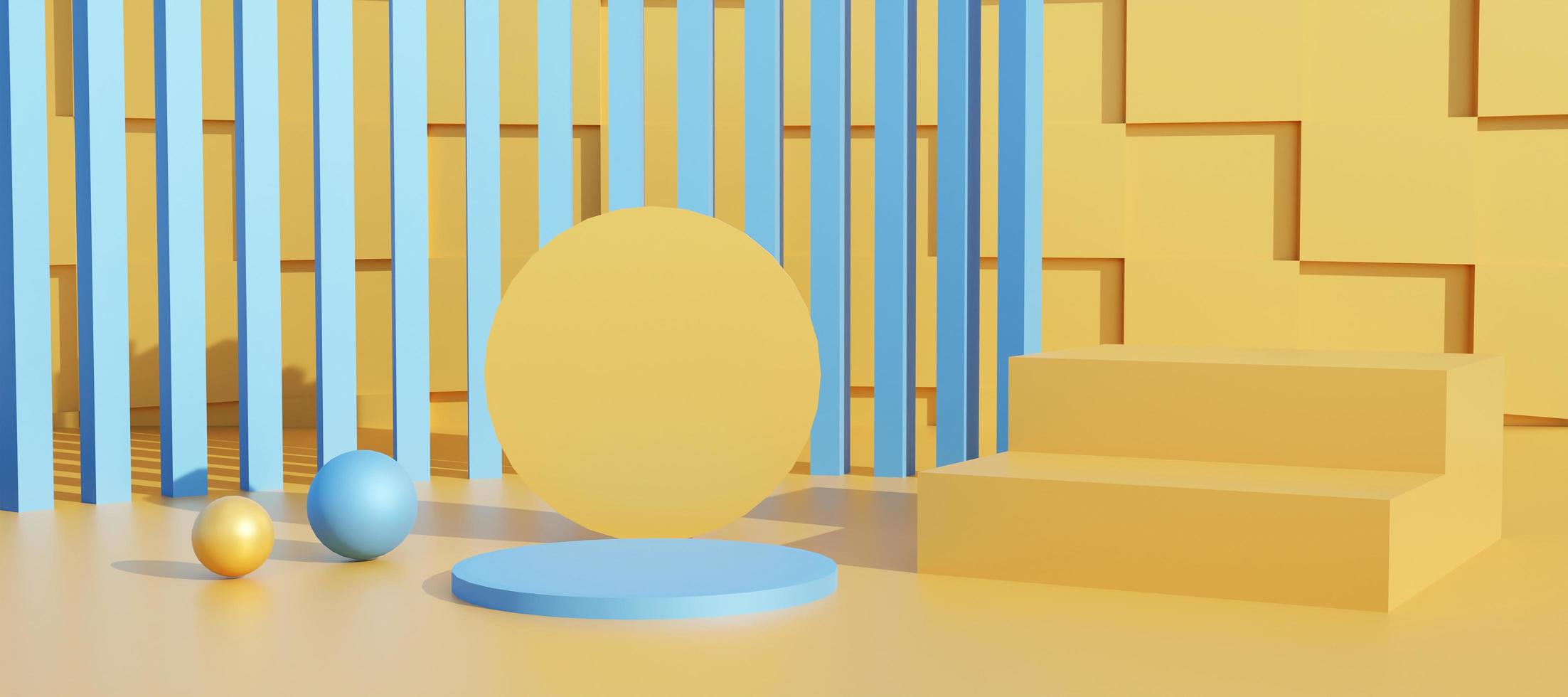 Yellow and blue podium with abstract objects. Stand to show products. Stage showcase with copy space. Pedestal display. Banner size. Website cover template. 3D rendering. photo