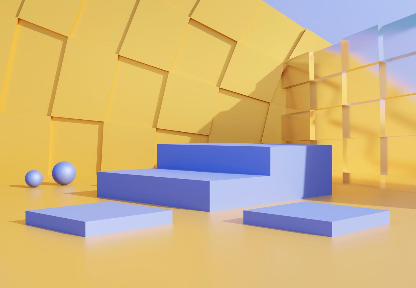Purple podium with abstract yellow wall. Stand to show products. Stage showcase with modern scene. Pedestal display with copy space. 3D rendering. Studio platform template. photo