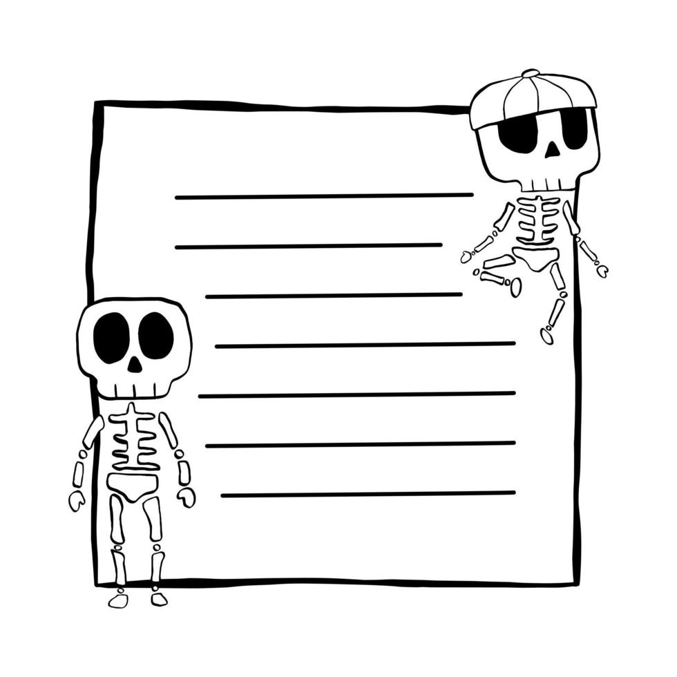 Notepaper black line and Skeleton Skull on square frame. Vector illustration about Halloween for decorate, greeting cards, stationery and any design.