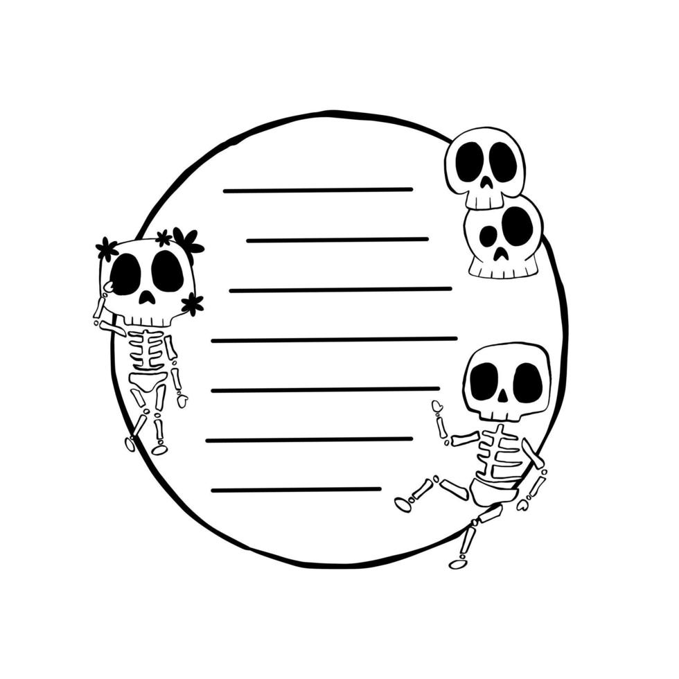 Notepaper black line and Skeleton Skull on circle. Vector illustration about Halloween for decorate, greeting cards, stationery and any design.
