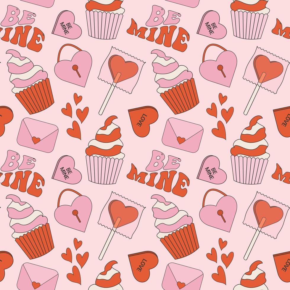 Seamless pattern in trendy retro groovy style. With valentines day elements vector