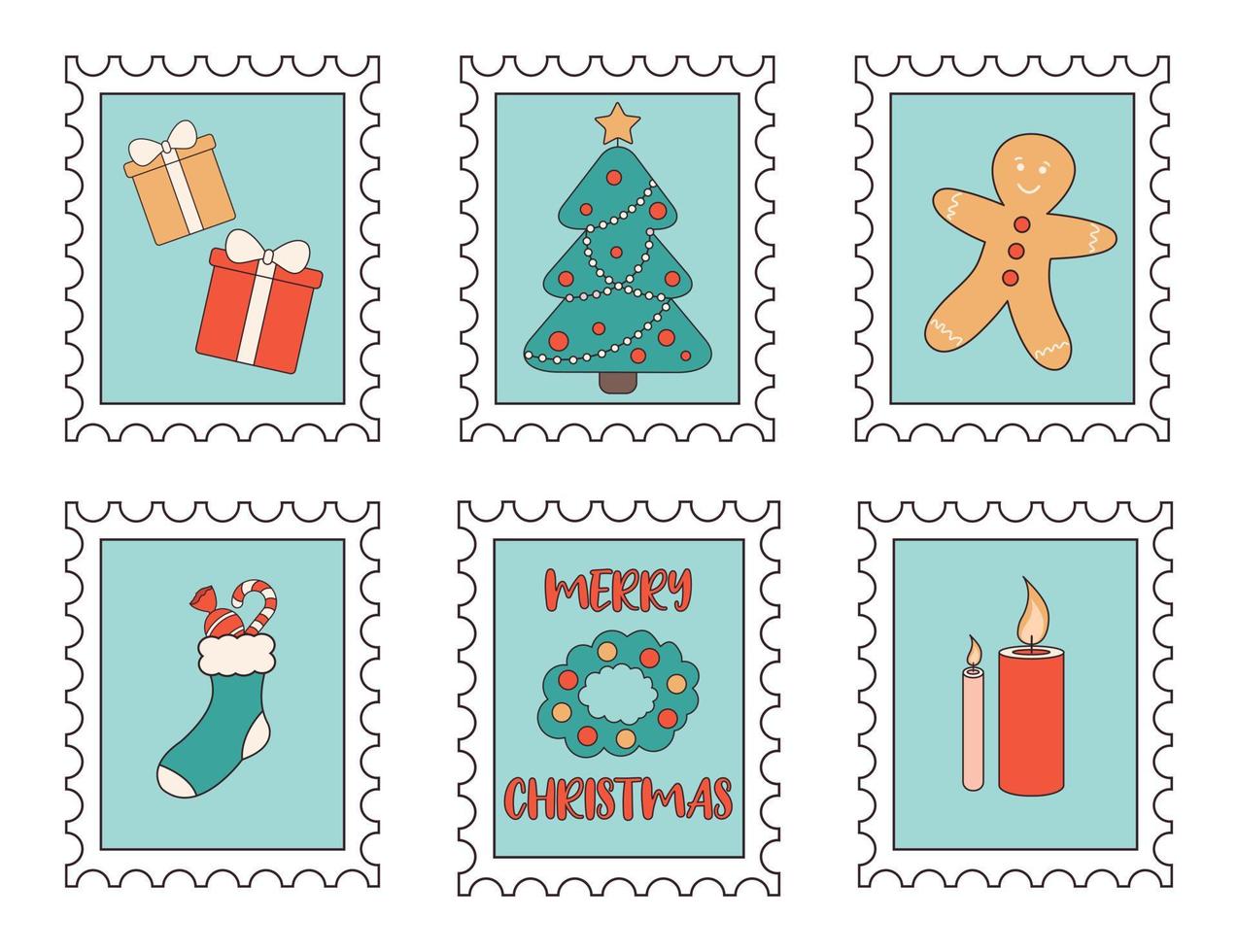 Christmas postage stamps with festive elements vector