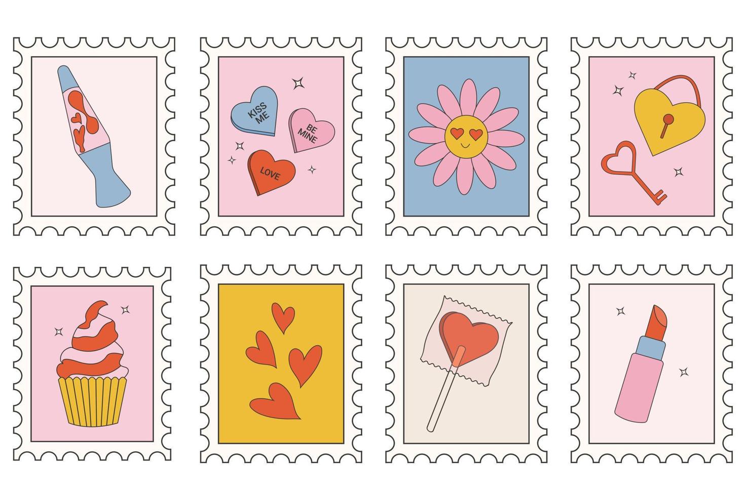 Collection of valentines day stamps in retro groovy style vector