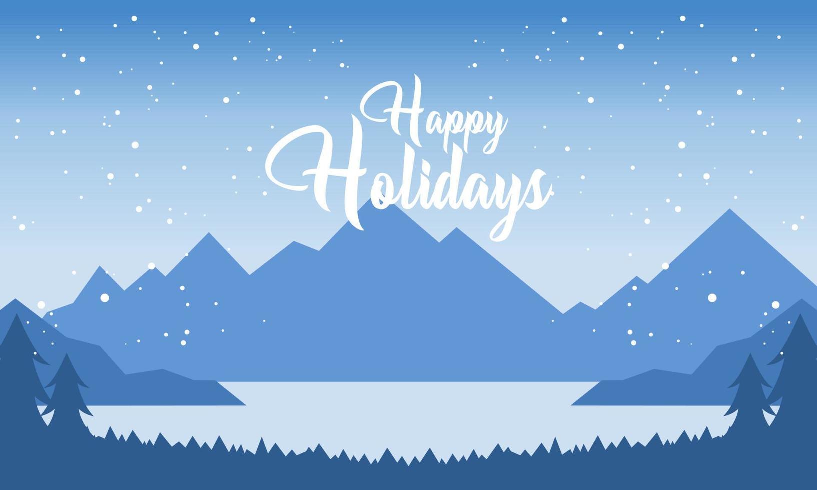 felices fiestas con montañas azules invierno nevado y bosque de pinos ilustración vectorial vector