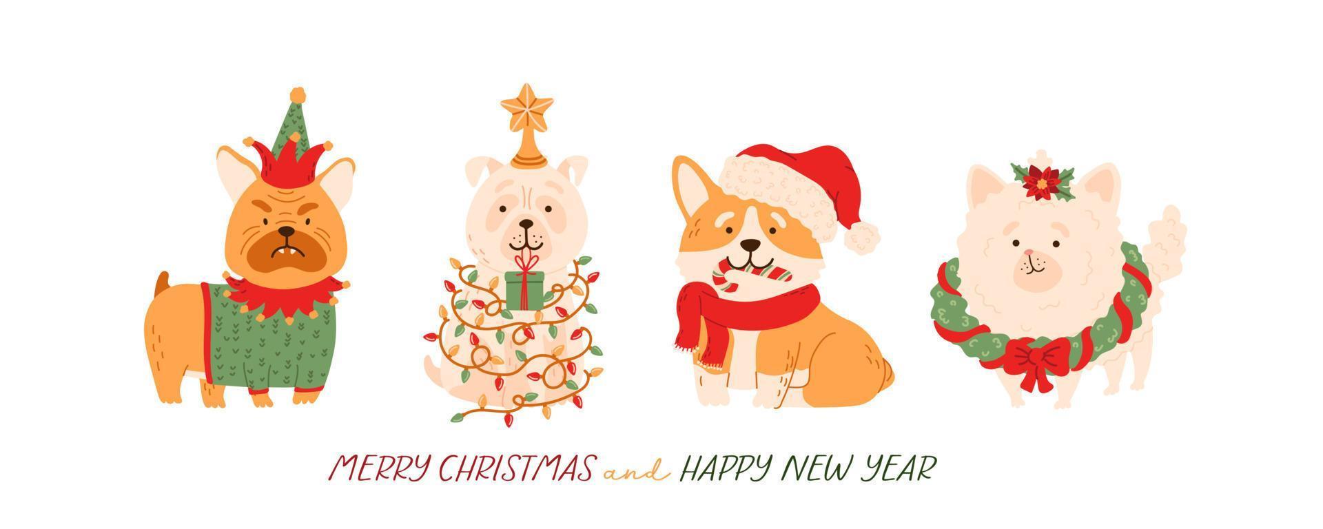 conjunto de personajes de dibujos animados de perros de navidad. lindos perros de diferentes razas vestidos con trajes navideños con adornos navideños. invierno, ilustración vectorial festiva de año nuevo. vector