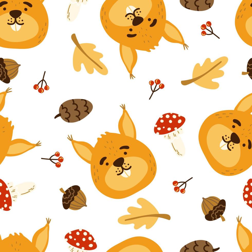 Cute squirrel seamless vector pattern. Fly agaric, cone, acorn, oak leaf, squirrel head, berries texture.