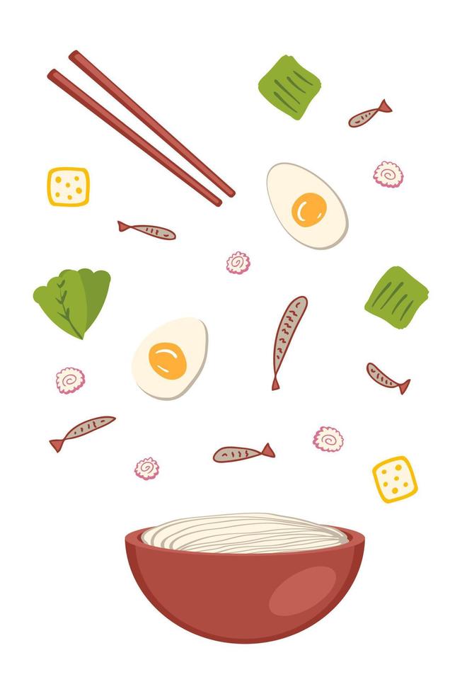 Niboshi asian ramen soup ingredients falling into a bowl of noodles. vector