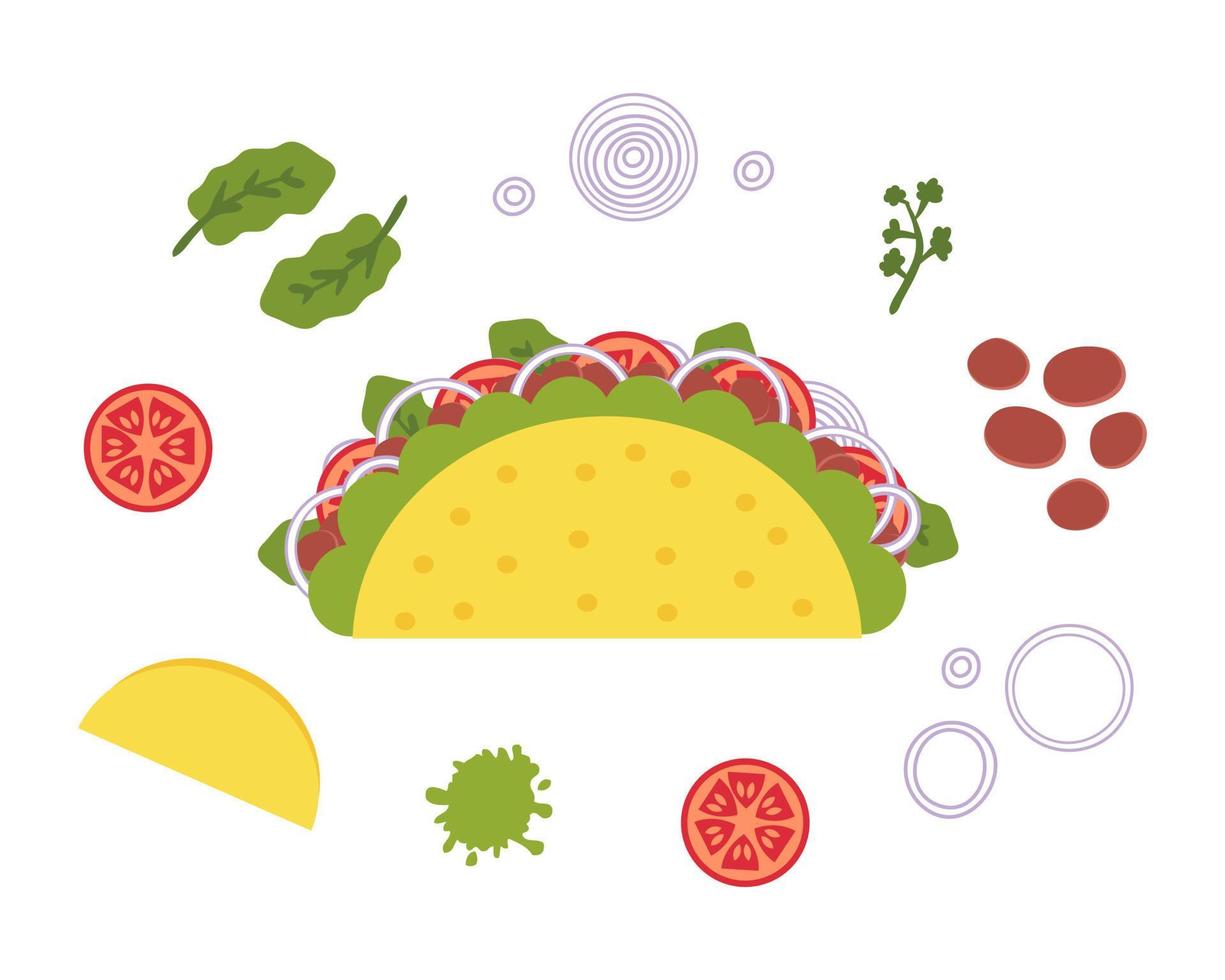 Ingredientes de receta de taco de comida rápida mexicana de frijol vegano. vector