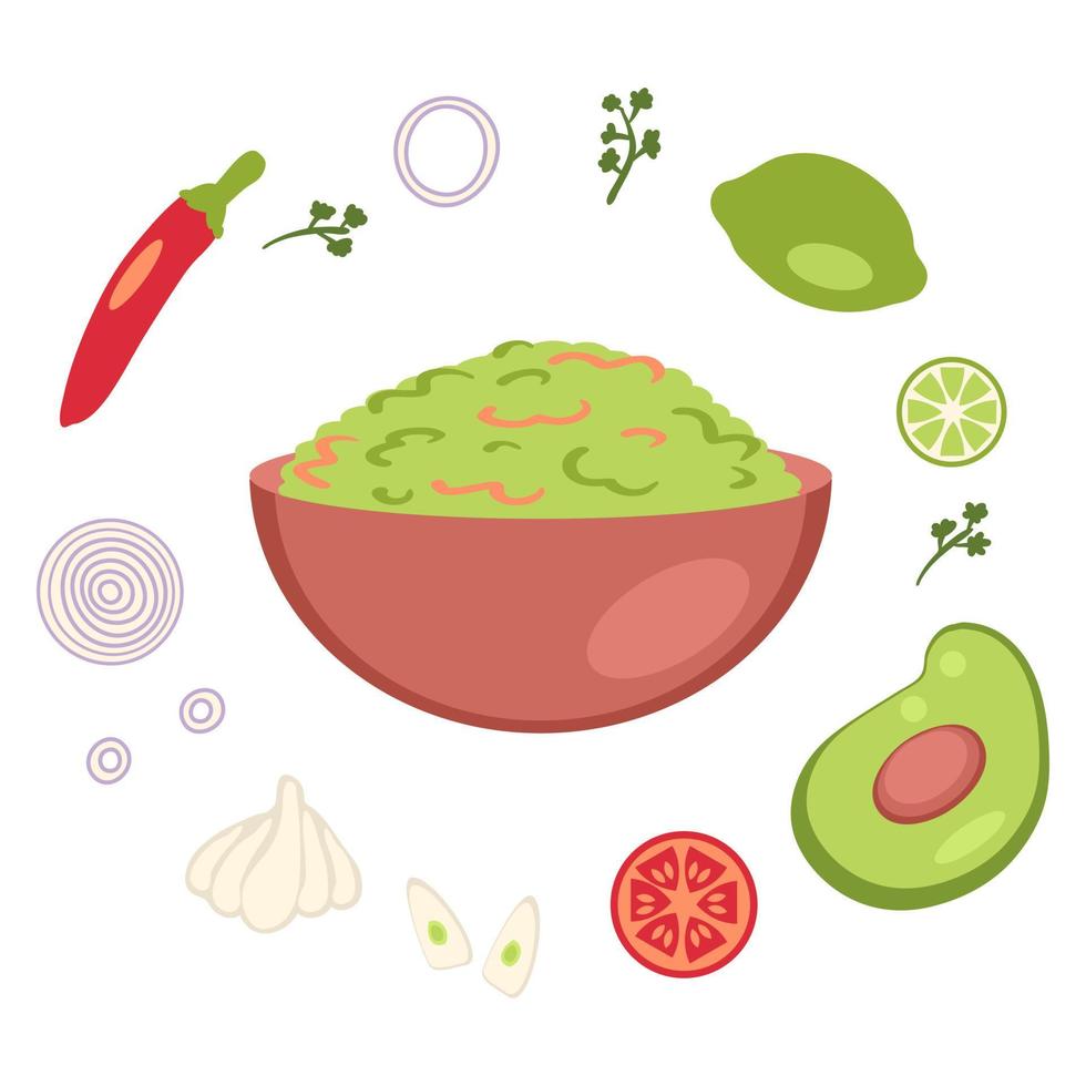 Guacamole mexican spicy sauce recipe ingredients. 15996076 Vector Art