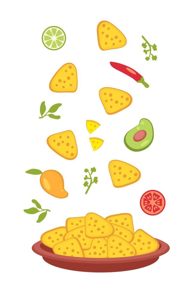 Mexican nachos and ingredients for the sauce fall into the plate. vector