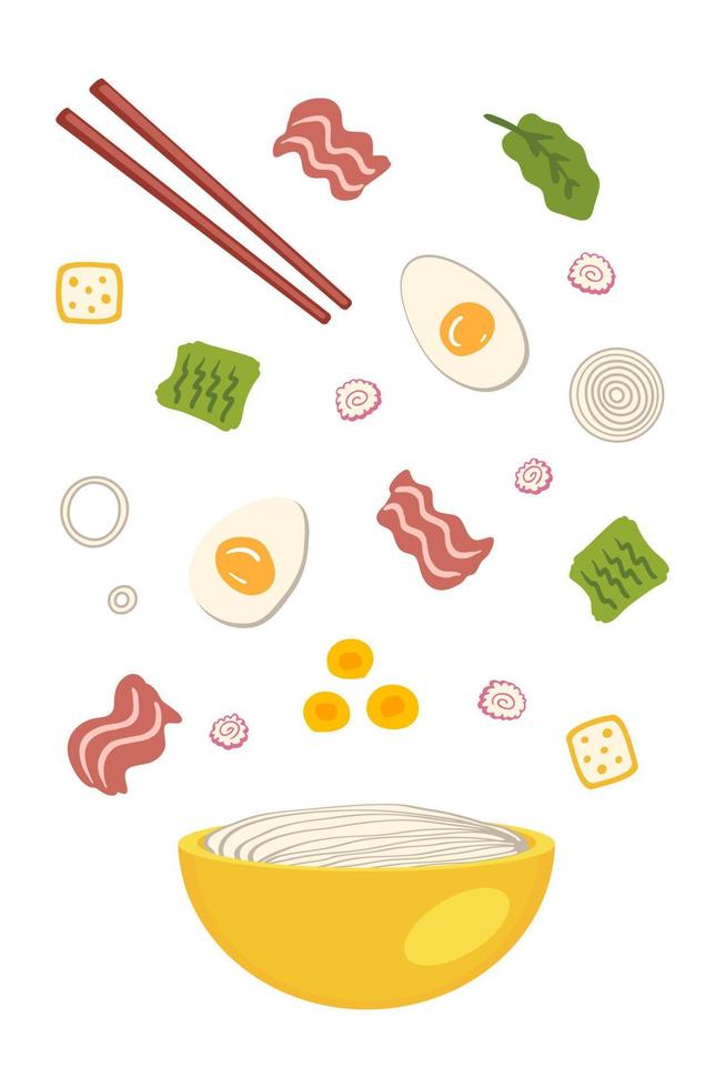 Tonkotsu asian ramen soup ingredients falling into a bowl of noodles. vector