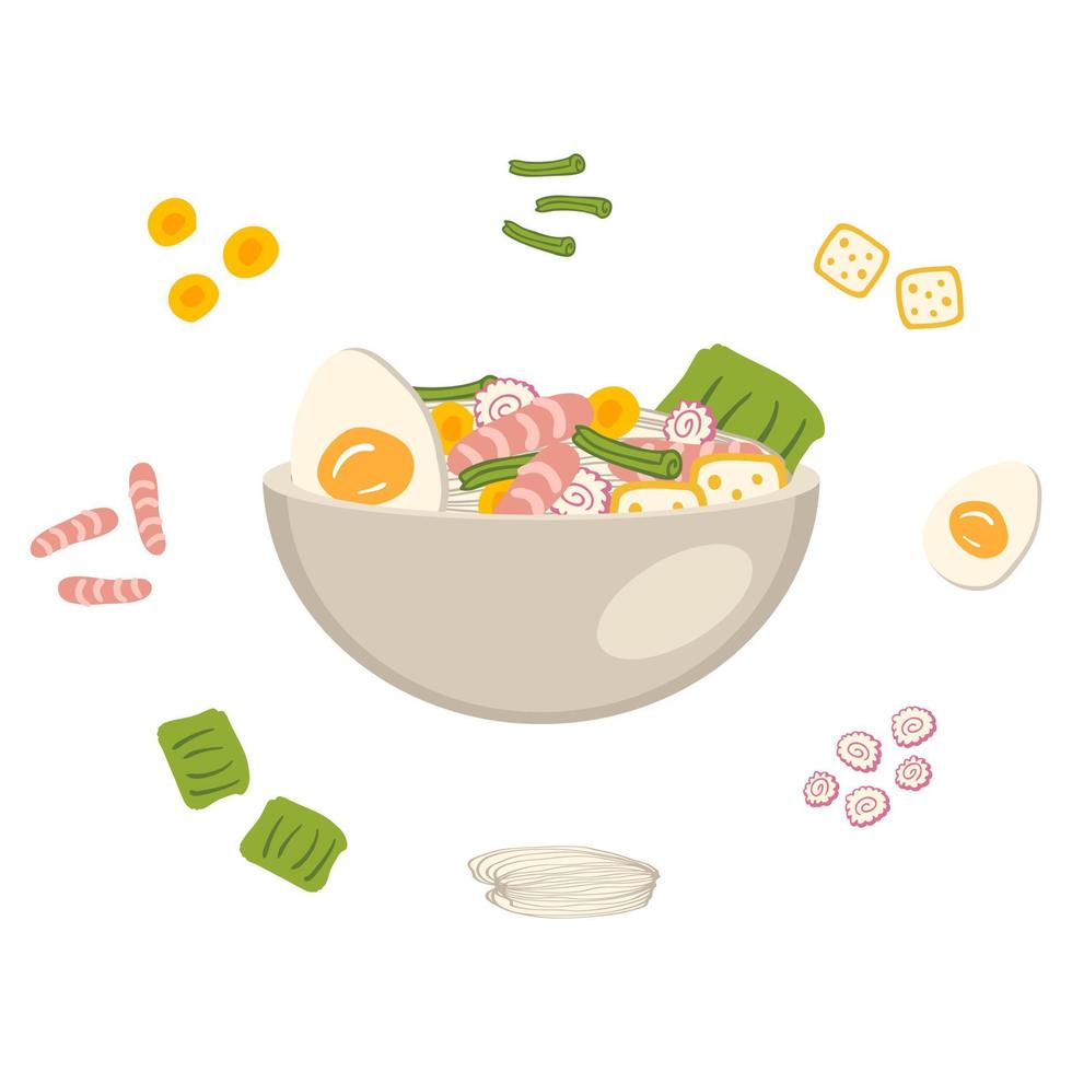 Ingredientes de receta de sopa de ramen de comida asiática de camarones. vector