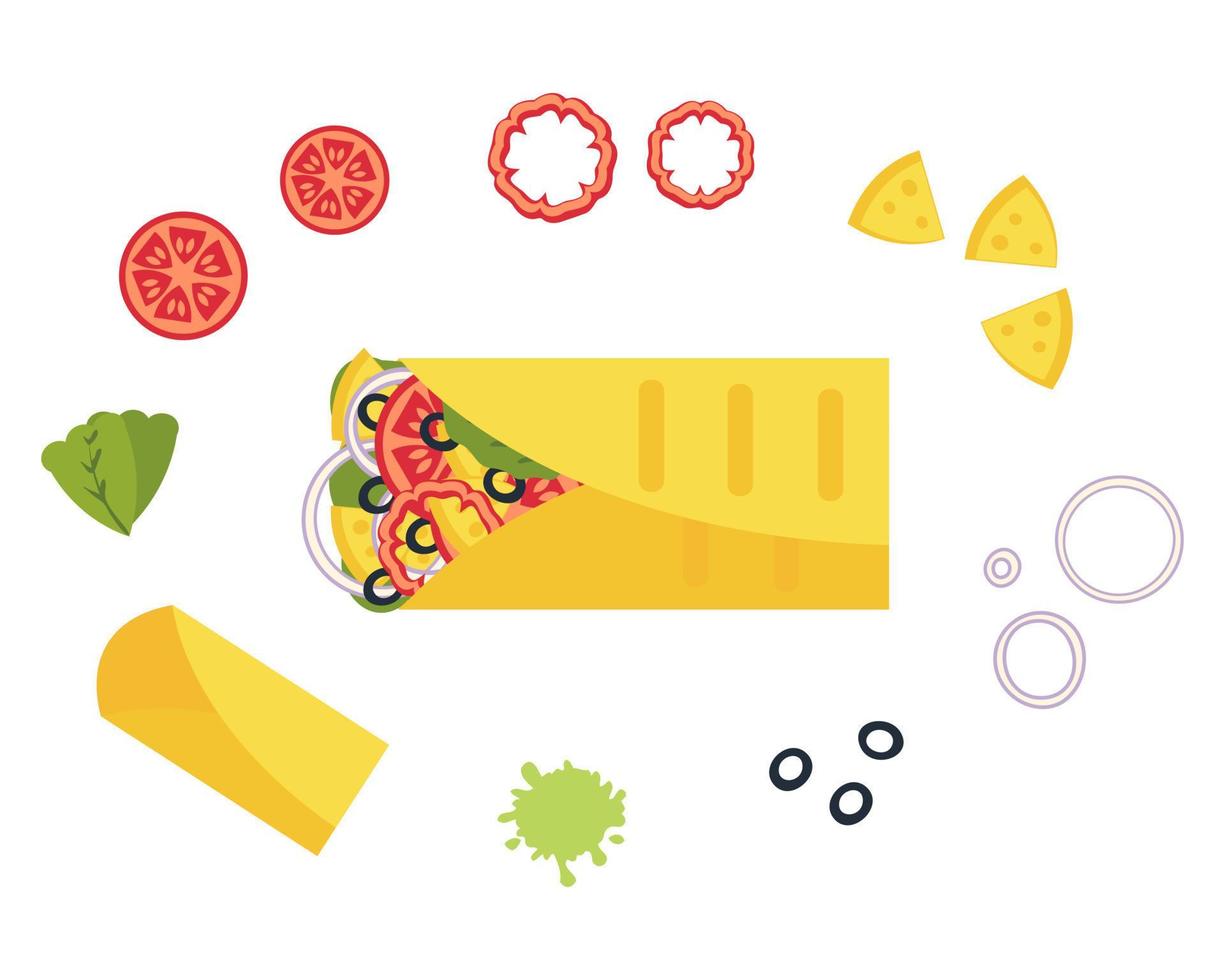 Cheese and olives mexican fastfood burrito recipe ingredients. vector