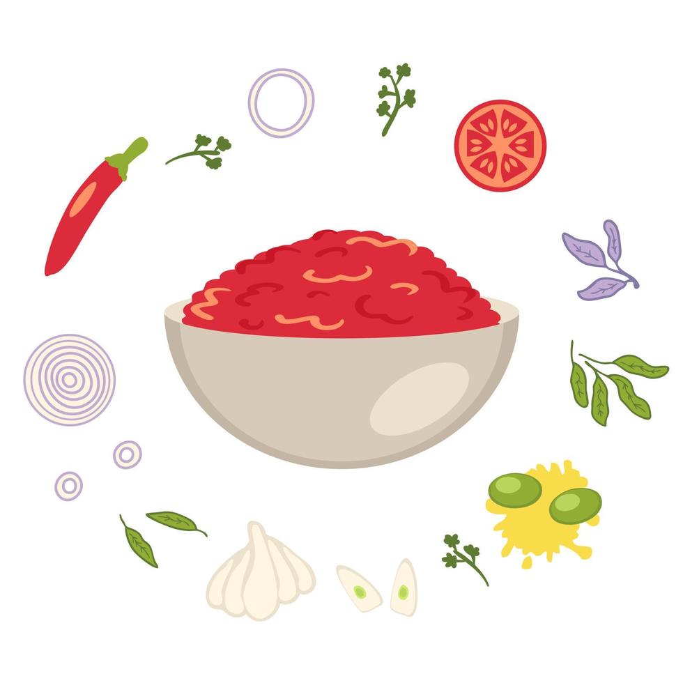 Ingredientes de la receta de salsa picante mexicana. vector