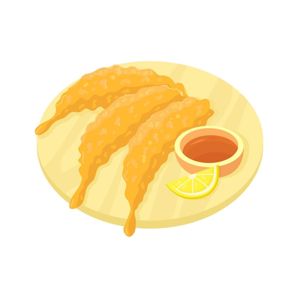 tempura comida japonesa camarones fritos y salsa sobre fondo aislado vector