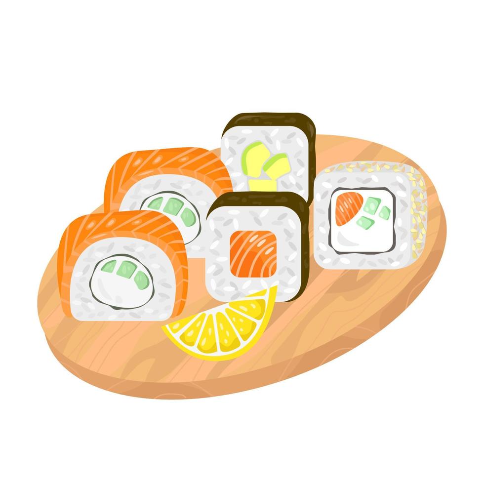 different types of sushi on a board on an isolated background vector