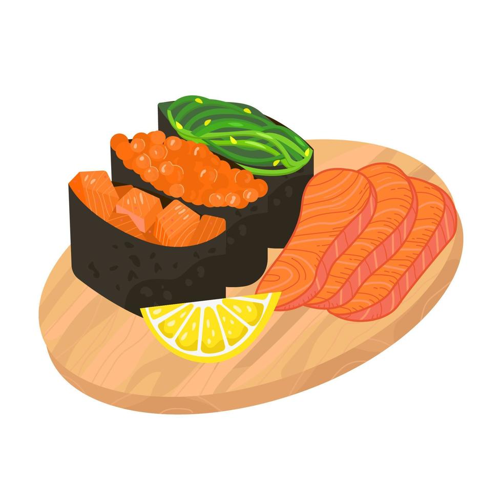 set of different gunkans and salmon sashimi on isolated background vector