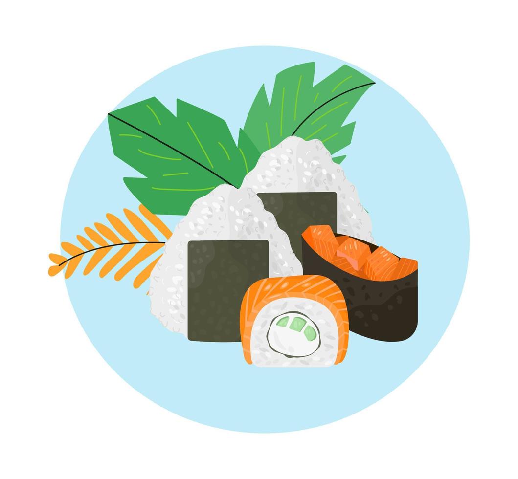 set of sushi of different onigiri and gunkan with  salmon on isolated background vector