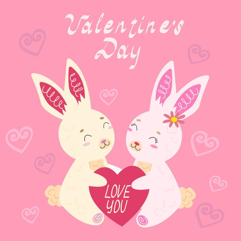 Valentine's Day Greeting Card  Cute Rabbit holds  heart and text vector