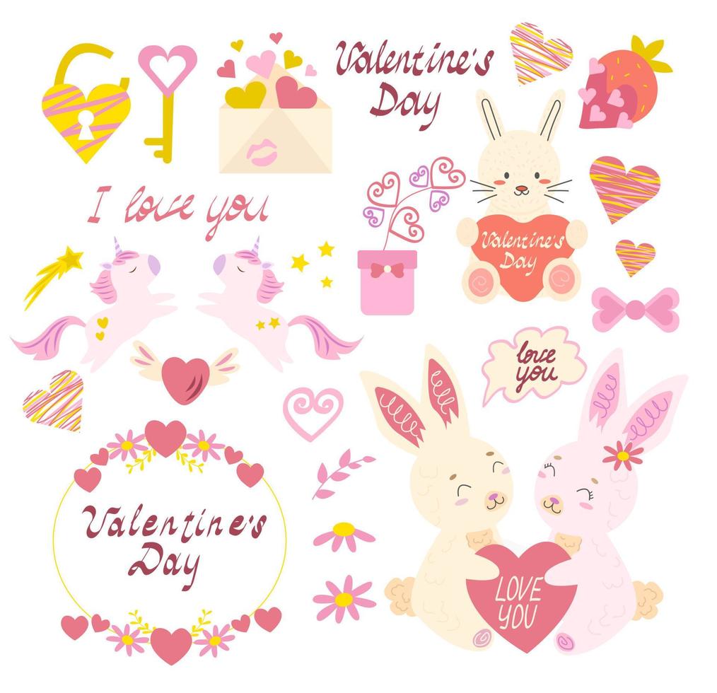 Valentine day set cute rabbit,  lettering, unicorn, star, flower, wreath and hearts. vector